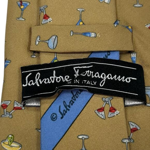 Salvatore Ferragamo Tan Multicolor Martini Cocktail Print Mens Tie - Picture 3 of 5